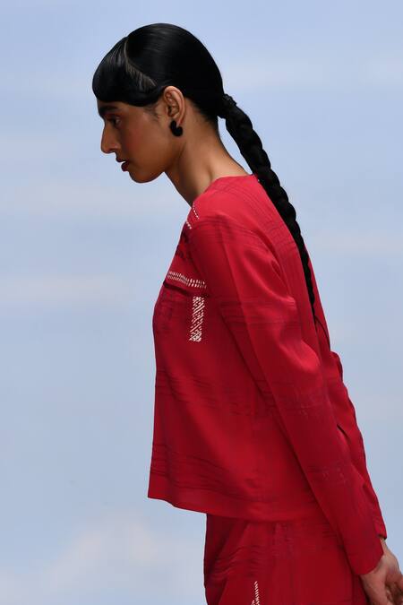 Febo6_Red Silk Embroidery Round Neck Grid Kantha Top With Pant _at_Aza_Fashions