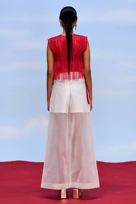 Febo6 Red Organza, Cotton Satin, Cotton, Silk Cerise Thraedwork Gilet With Bustier Online at Aza Fashions Febo6_Red Organza, Cotton Satin, Cotton, Silk Cerise Thraedwork Gilet With Bustier _Online_at_Aza_Fashions