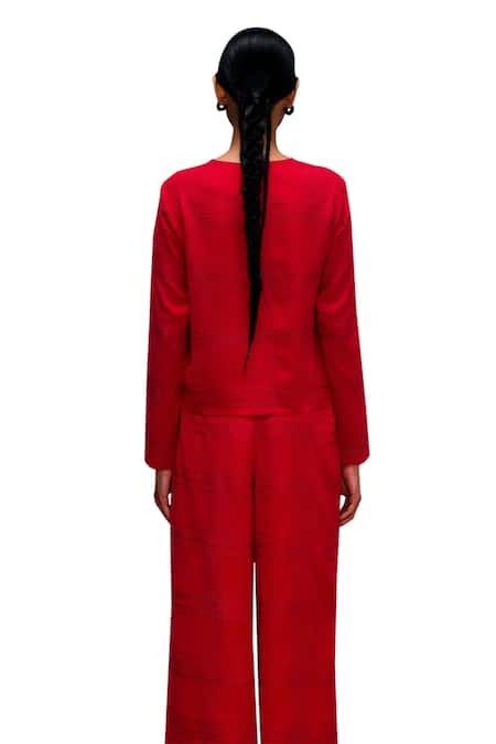 Shop Febo6 Red Silk Embroidery Grid Kantha Culottes Online at Aza Fashions Shop_Febo6_Red Silk Embroidery Grid Kantha Culottes _Online_at_Aza_Fashions