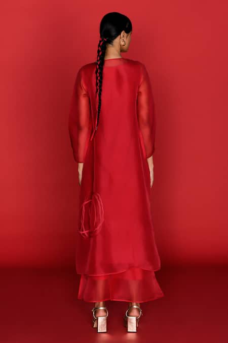 Shop_Febo6_Red Silk Organza, Cotton Embroidery Round Neck Cerise Thread Kurta _at_Aza_Fashions