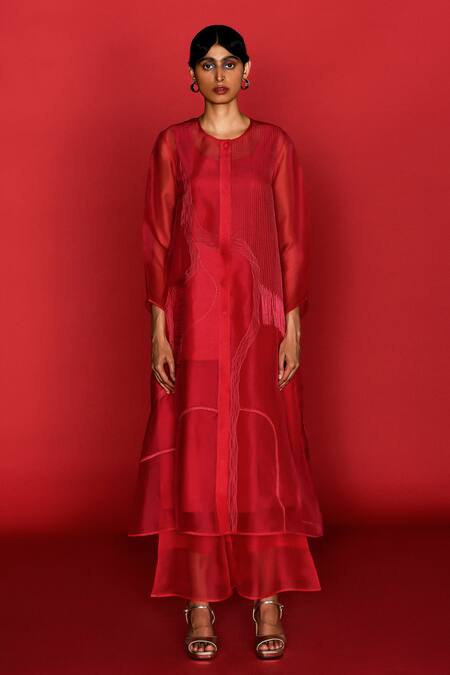 Febo6_Red Silk Organza, Cotton Embroidery Round Neck Cerise Thread Kurta _Online_at_Aza_Fashions