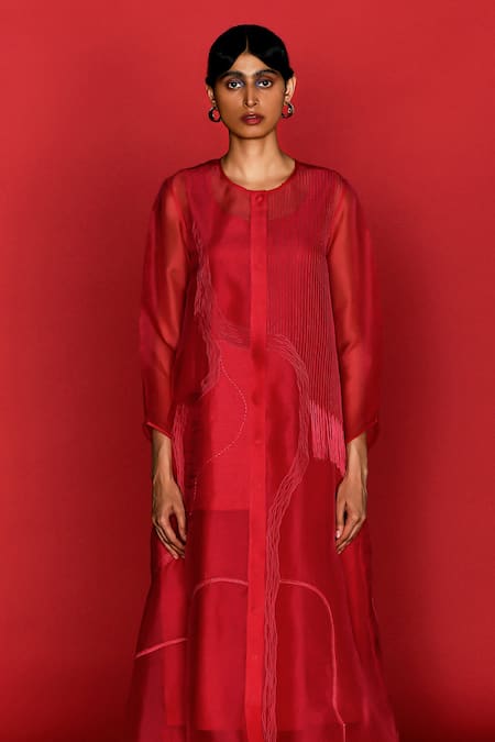 Buy_Febo6_Red Silk Organza, Cotton Embroidery Round Neck Cerise Thread Kurta _Online_at_Aza_Fashions