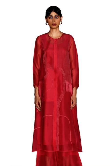 Shop_Febo6_Red Silk Organza, Cotton Embroidery Round Neck Cerise Thread Kurta _Online_at_Aza_Fashions