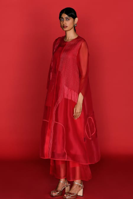 Febo6_Red Silk Organza, Cotton Embroidery Round Neck Cerise Thread Kurta _at_Aza_Fashions