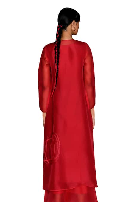 Buy_Febo6_Red Silk Organza, Cotton Embroidery Round Neck Cerise Thread Kurta 