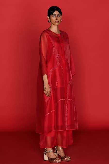 Shop_Febo6_Red Silk Organza, Cotton Embroidery Round Neck Cerise Thread Kurta 