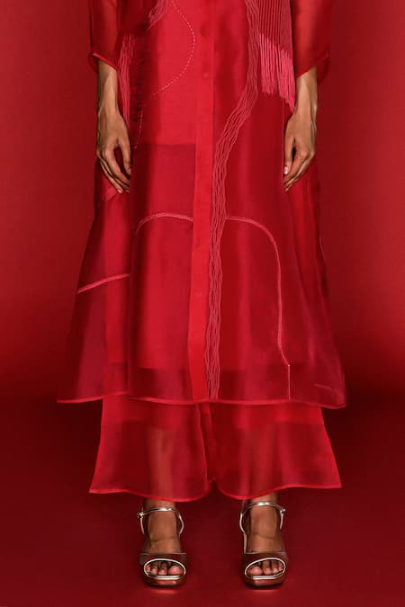 Febo6_Red Organza Embroidery Round Neck Cerise Thread Kurta Trouser Set _Online_at_Aza_Fashions