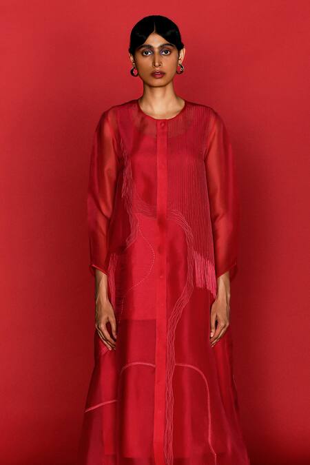 Buy_Febo6_Red Organza Embroidery Round Neck Cerise Thread Kurta Trouser Set _Online_at_Aza_Fashions