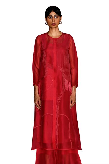 Shop_Febo6_Red Organza Embroidery Round Neck Cerise Thread Kurta Trouser Set _Online_at_Aza_Fashions