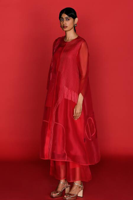 Febo6_Red Organza Embroidery Round Neck Cerise Thread Kurta Trouser Set _at_Aza_Fashions
