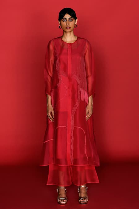 Febo6_Red Organza Plain Cerise Trouser _Online_at_Aza_Fashions