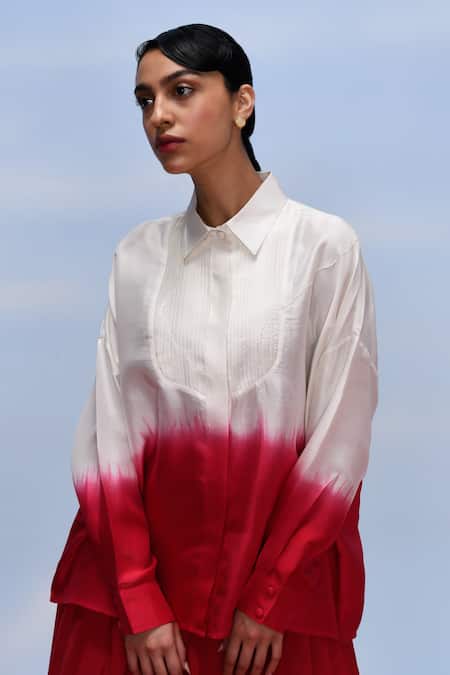 Febo6_Ivory Silk Embroidery Shawl Neck Magma Shaded Shirt _at_Aza_Fashions