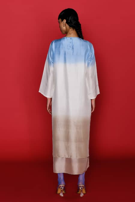 Febo6_Off White Silk Embroidery Round Neck Ombre Asymmetric Tunic _Online_at_Aza_Fashions