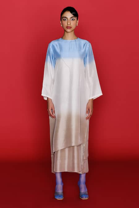 Buy_Febo6_Off White Silk Embroidery Round Neck Ombre Asymmetric Tunic _Online_at_Aza_Fashions