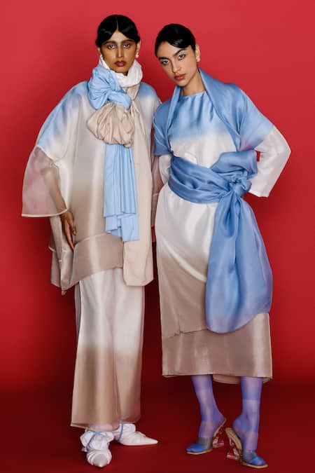 Febo6_Off White Silk Embroidery Round Neck Ombre Asymmetric Tunic _at_Aza_Fashions