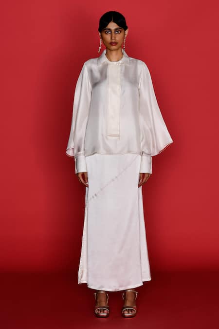 Febo6_Off White Silk Shawl Neck Plain Full-sleeve Shirt _Online_at_Aza_Fashions
