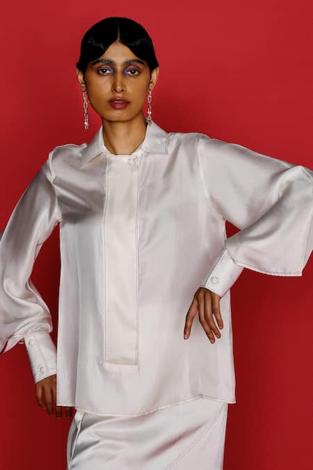 Buy_Febo6_Off White Silk Shawl Neck Plain Full-sleeve Shirt _Online_at_Aza_Fashions