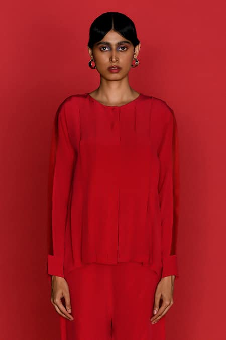 Buy Febo6 Red Silk Round Neck Fluidity Pleated Top With Pant Online at Aza Fashions Buy_Febo6_Red Silk Round Neck Fluidity Pleated Top With Pant _Online_at_Aza_Fashions