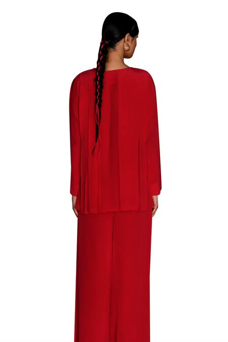 Febo6 Red Silk Round Neck Fluidity Pleated Top With Pant at Aza Fashions Febo6_Red Silk Round Neck Fluidity Pleated Top With Pant _at_Aza_Fashions