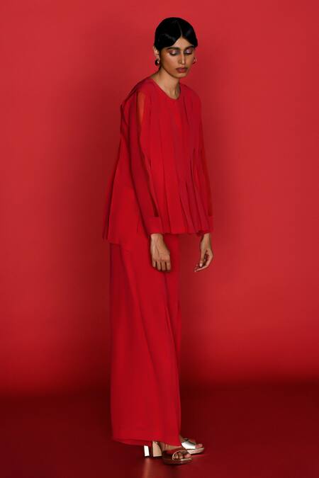 Buy Febo6 Red Silk Round Neck Fluidity Pleated Top With Pant Buy_Febo6_Red Silk Round Neck Fluidity Pleated Top With Pant