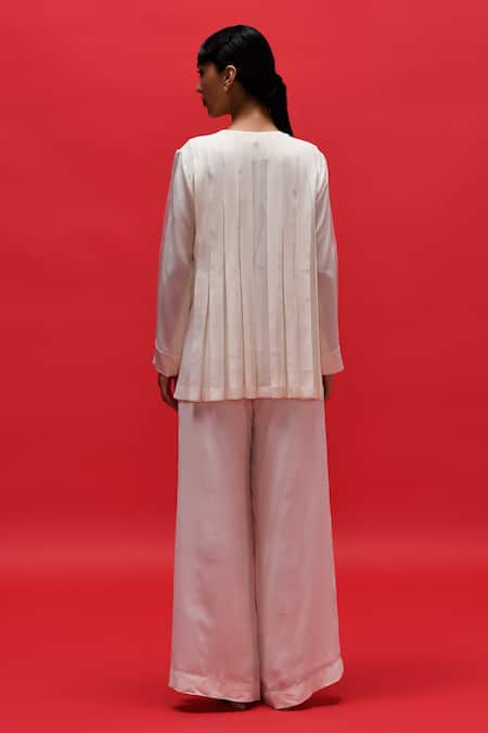 Febo6_Red Silk Round Neck Illusion Colourblock Top With Pant _Online_at_Aza_Fashions