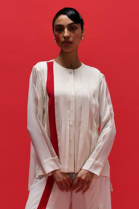 Buy_Febo6_Red Silk Round Neck Illusion Colourblock Top With Pant _Online_at_Aza_Fashions