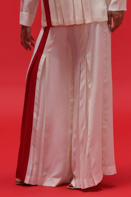 Shop_Febo6_Red Silk Round Neck Illusion Colourblock Top With Pant _Online_at_Aza_Fashions