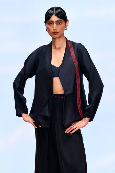 Febo6_Black Silk Embroidery Shawl Neck Wave Asymmetric Panel Jacket _Online_at_Aza_Fashions