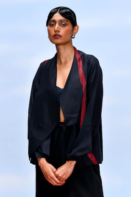 Buy_Febo6_Black Silk Embroidery Shawl Neck Wave Asymmetric Panel Jacket _Online_at_Aza_Fashions