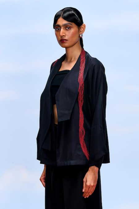Shop_Febo6_Black Silk Embroidery Shawl Neck Wave Asymmetric Panel Jacket _Online_at_Aza_Fashions