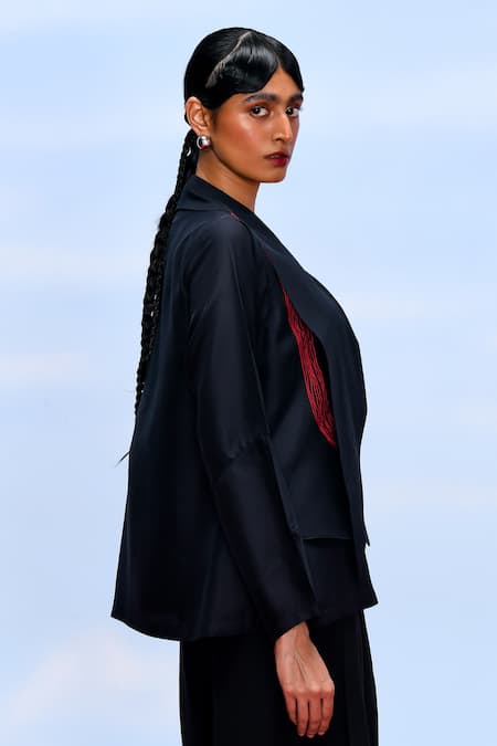 Febo6_Black Silk Embroidery Shawl Neck Wave Asymmetric Panel Jacket _at_Aza_Fashions