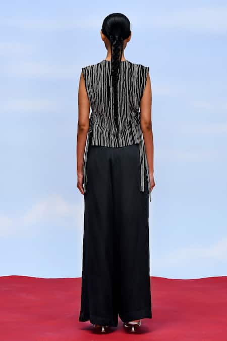 Febo6_Black Silk, Polyester Embroidery Round Neck Grid Gilet With Bustier _Online_at_Aza_Fashions