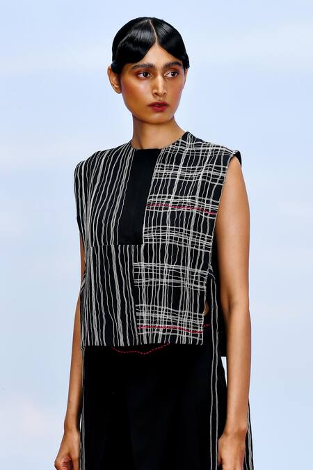 Shop_Febo6_Black Silk, Polyester Embroidery Round Neck Grid Gilet With Bustier _Online_at_Aza_Fashions