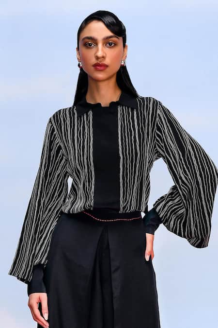 Buy Febo6 Black Silk Embroidery Collared Harmony Thread Shirt Online at Aza Fashions Buy_Febo6_Black Silk Embroidery Collared Harmony Thread Shirt _Online_at_Aza_Fashions