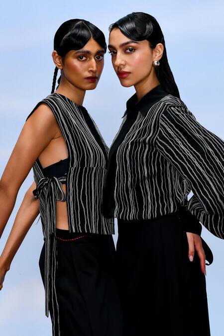 Shop Febo6 Black Silk Embroidery Collared Harmony Thread Shirt Online at Aza Fashions Shop_Febo6_Black Silk Embroidery Collared Harmony Thread Shirt _Online_at_Aza_Fashions