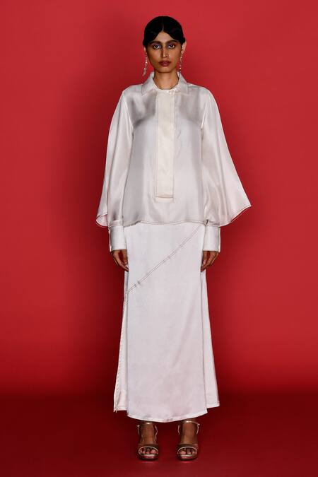 Febo6_Ivory Silk Satin Embroidery Stitchline Thread Placement Skirt _Online_at_Aza_Fashions