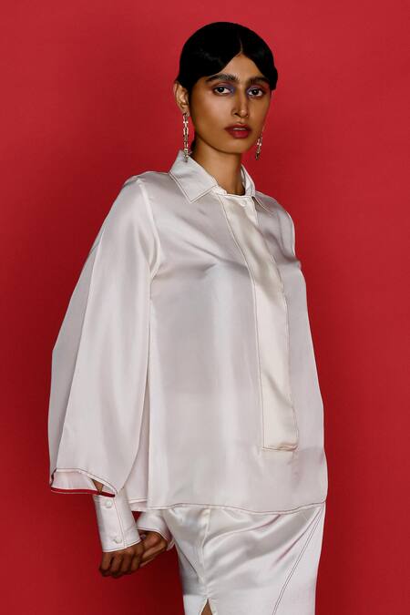 Buy_Febo6_Ivory Silk Satin Embroidery Stitchline Thread Placement Skirt _Online_at_Aza_Fashions