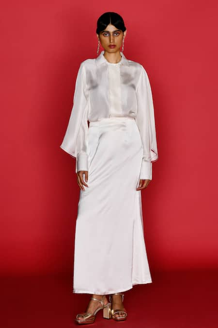 Shop_Febo6_Ivory Silk Satin Embroidery Stitchline Thread Placement Skirt _Online_at_Aza_Fashions