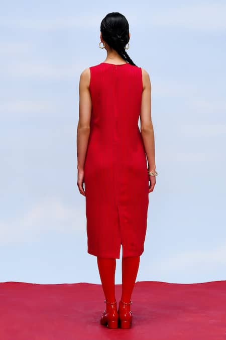 Febo6 Red Silk Embroidery Round Neck Harmony Thread Dress Online at Aza Fashions Febo6_Red Silk Embroidery Round Neck Harmony Thread Dress _Online_at_Aza_Fashions