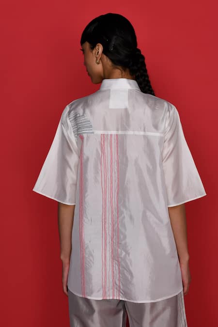 Shop Febo6 Ivory Silk Embroidery Collared Native Abstract Shirt at Aza Fashions Shop_Febo6_Ivory Silk Embroidery Collared Native Abstract Shirt _at_Aza_Fashions