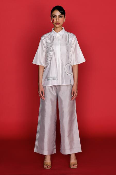 Febo6 Ivory Silk Embroidery Collared Native Abstract Shirt Online at Aza Fashions Febo6_Ivory Silk Embroidery Collared Native Abstract Shirt _Online_at_Aza_Fashions