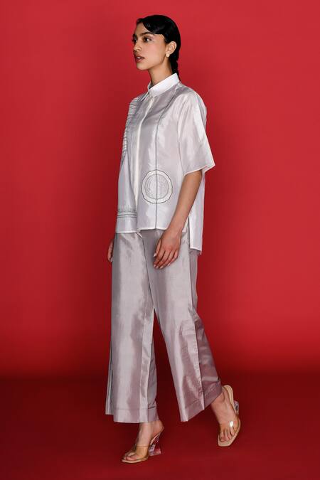 Buy Febo6 Ivory Silk Embroidery Collared Native Abstract Shirt Online at Aza Fashions Buy_Febo6_Ivory Silk Embroidery Collared Native Abstract Shirt _Online_at_Aza_Fashions