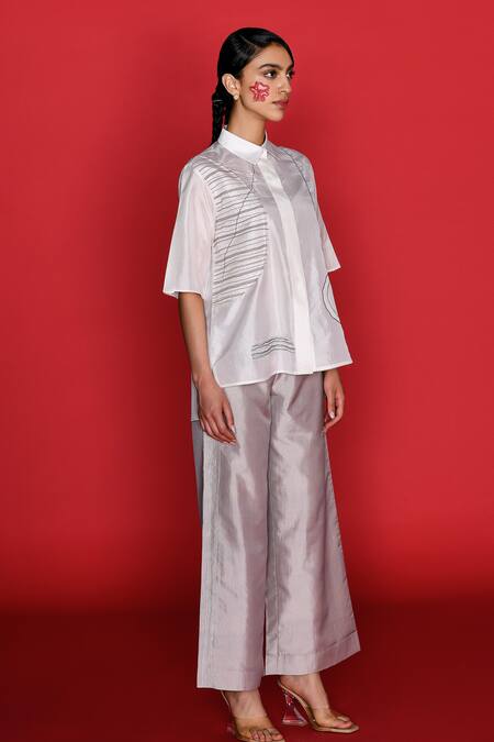 Shop Febo6 Ivory Silk Embroidery Collared Native Abstract Shirt Online at Aza Fashions Shop_Febo6_Ivory Silk Embroidery Collared Native Abstract Shirt _Online_at_Aza_Fashions