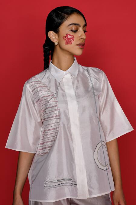 Febo6 Ivory Silk Embroidery Collared Native Abstract Shirt at Aza Fashions Febo6_Ivory Silk Embroidery Collared Native Abstract Shirt _at_Aza_Fashions