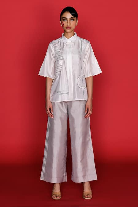 Febo6_Grey Silk Embroidery Native Placement Trouser _Online_at_Aza_Fashions