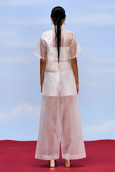 Febo6 Off White Organza, Cotton Satin Collared, Opacity Sheer Shirt And Trouser Set Online at Aza Fashions Febo6_Off White Organza, Cotton Satin Collared, Opacity Sheer Shirt And Trouser Set _Online_at_Aza_Fashions