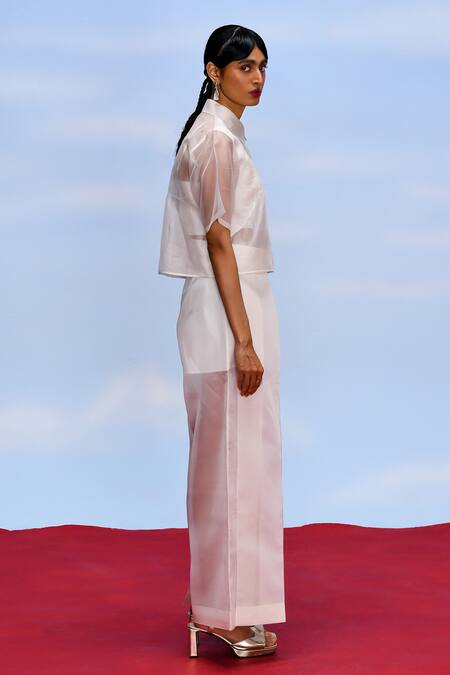 Febo6 Off White Organza, Cotton Satin Collared, Opacity Sheer Shirt And Trouser Set at Aza Fashions Febo6_Off White Organza, Cotton Satin Collared, Opacity Sheer Shirt And Trouser Set _at_Aza_Fashions