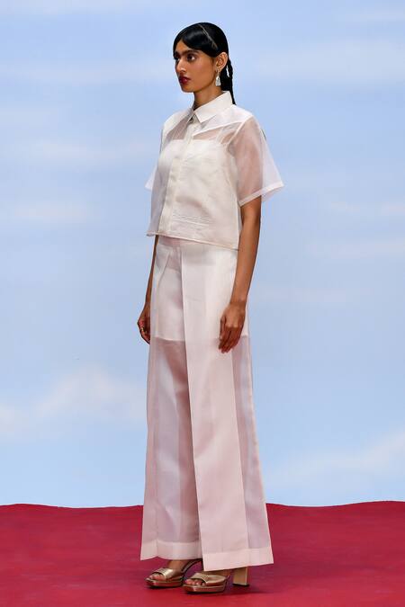 Buy Febo6 Off White Organza, Cotton Satin Collared Opacity Sheer Shirt With Bustier Online at Aza Fashions Buy_Febo6_Off White Organza, Cotton Satin Collared Opacity Sheer Shirt With Bustier _Online_at_Aza_Fashions