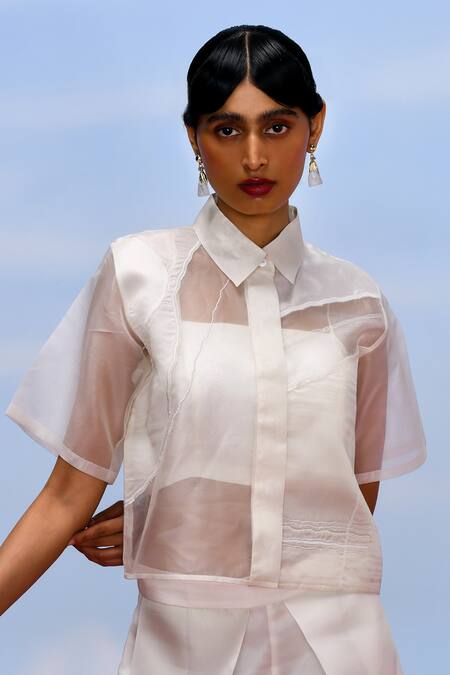 Shop Febo6 Off White Organza, Cotton Satin Collared Opacity Sheer Shirt With Bustier Online at Aza Fashions Shop_Febo6_Off White Organza, Cotton Satin Collared Opacity Sheer Shirt With Bustier _Online_at_Aza_Fashions