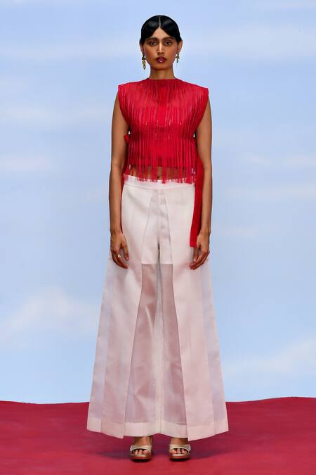 Buy_Febo6_Off White Organza, Satin Opacity Wide Legged Trouser _Online_at_Aza_Fashions